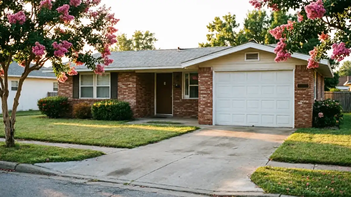 A white garage door is on a brick house with a green lawn and pink flowers.