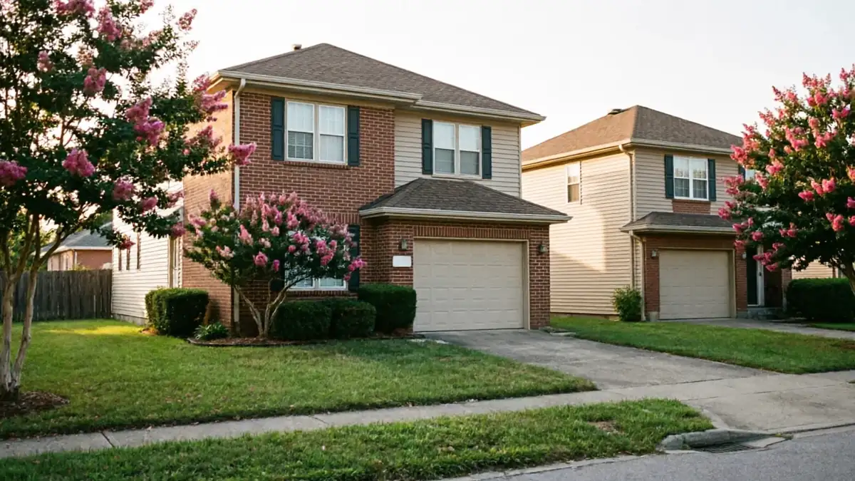 Two houses with beige garage doors and pink flowering trees line a suburban street.