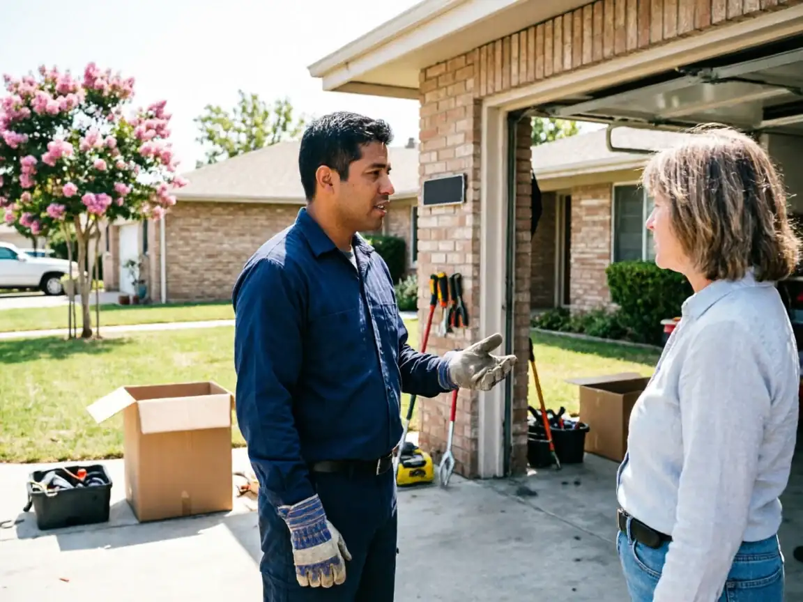 A technician in work gloves talks to a woman in front of an open garage.